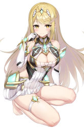 Rule 34 | 1girl, absurdres, armor, bare legs, bare shoulders, barefoot, blonde hair, blush, breasts, cleavage, cleavage cutout, closed mouth, clothing cutout, collarbone, dress, elbow gloves, faulds, full body, gloves, highres, hosh, large breasts, long hair, mythra (xenoblade), pleated dress, short dress, simple background, sleeveless, sleeveless dress, smile, solo, squatting, straight hair, thigh strap, tiara, very long hair, white background, white dress, white gloves, wrist guards, xenoblade chronicles (series), xenoblade chronicles 2, yellow eyes