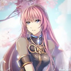 Rule 34 | 1girl, amulet, armband, blue eyes, blue sky, blurry, cherry blossoms, cloud, cloudy sky, commentary, crop top, depth of field, gold trim, head tilt, headset, highres, lens flare, long hair, looking at viewer, megurine luka, microphone, outdoors, parted lips, pink hair, see-through, sky, solo, straight hair, twitter username, upper body, very long hair, vocaloid, yen-mi