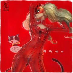 Rule 34 | 10s, 1girl, big hair, blonde hair, blue eyes, bodysuit, breasts, cat, cat mask, cat tail, cleavage cutout, clothing cutout, contrapposto, cowboy shot, dated, earrings, highres, ikeda (cpt), jewelry, long hair, mask, medium breasts, morgana (persona 5), parted lips, persona, persona 5, profile, red background, red bodysuit, simple background, smile, solo, standing, tail, takamaki anne, twintails