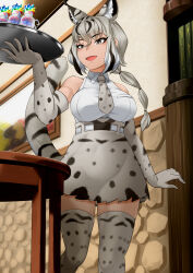 Rule 34 | 1girl, absurdres, animal ear fluff, animal ears, animal print, arm at side, bare shoulders, belt, black hair, bobcat (kemono friends), breasts, collared shirt, elbow gloves, extra ears, feet out of frame, gloves, grey eyes, grey hair, hand up, high-waist skirt, highres, holding, holding tray, indoors, kawanami eito, kemono friends, large breasts, long hair, looking to the side, low ponytail, lynx ears, lynx girl, lynx tail, miniskirt, multicolored hair, necktie, open mouth, pocket, ponytail, print gloves, print necktie, print skirt, print thighhighs, shirt, skirt, sleeveless, sleeveless shirt, smile, solo, table, tail, thighhighs, tray, walking, white hair, white shirt, wing collar, zettai ryouiki