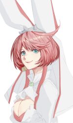 Rule 34 | 1girl, absurdres, ahoge, animal ears, ascot, breasts, carol0905, cleavage, closed mouth, elphelt valentine, fake animal ears, guilty gear, guilty gear xrd, highres, large breasts, looking at viewer, pink hair, short hair, simple background, smile, solo, upper body, white ascot, white background, white veil