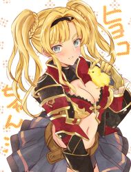 Rule 34 | 1girl, bird, blonde hair, blue eyes, blue skirt, blush, breasts, chick, cleavage, cleavage cutout, clothing cutout, commentary request, gloves, granblue fantasy, hato-as, large breasts, long hair, looking at viewer, midriff, navel, red shirt, shirt, skirt, solo, translation request, twintails, zeta (granblue fantasy)