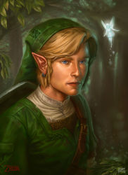 Rule 34 | 1boy, blonde hair, blue eyes, copyright name, forest, green theme, hat, jewelry, leaf, link, male focus, nature, navi, nintendo, outdoors, personification, pointy ears, realistic, shield, shield on back, shiny skin, short hair, signature, smile, the legend of zelda, the legend of zelda: ocarina of time, toguza, tree, tunic, upper body