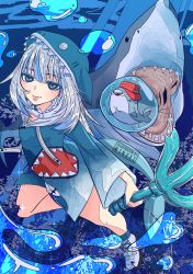 Rule 34 | 1girl, artist name, bloop (gawr gura), blue eyes, blue theme, fins, fish tail, gawr gura, gawr gura (1st costume), holding, holding weapon, hololive, hololive english, looking at viewer, minxei, open mouth, paid reward available, polearm, shark, smile, tail, trident, underwater, virtual youtuber, watermark, weapon, white hair
