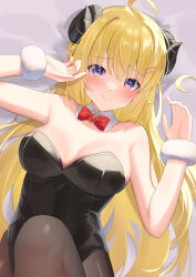 Rule 34 | 1girl, absurdres, ahoge, alternate costume, bare shoulders, black leotard, blonde hair, blush, bow, bowtie, breasts, cleavage, commentary request, curled horns, detached collar, fishnet pantyhose, fishnets, fur cuffs, highres, hololive, horns, large breasts, leotard, long hair, looking at viewer, lying, on back, pantyhose, pendora1022, purple eyes, red bow, red bowtie, sheep girl, sheep horns, solo, strapless, strapless leotard, tsunomaki watame, virtual youtuber