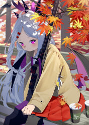 Rule 34 | 1girl, absurdres, ahoge, alternate costume, alternate hairstyle, autumn leaves, bench, blue archive, blurry, braid, casual, coffee mug, commentary request, cup, demon girl, demon horns, demon wings, depth of field, disposable cup, forehead, gun, hair ornament, hairclip, halo, highres, hina (blue archive), horns, leaf, leaning forward, long hair, long sleeves, looking at viewer, machine gun, maple leaf, mg42, mug, on bench, park bench, parted bangs, purple eyes, sidelocks, single braid, sitting, smile, solo, weapon, white hair, wings, yuki hishaku