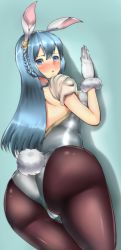 Rule 34 | 10s, 1girl, against wall, alternate color, animal ears, ass, back, blue eyes, blue hair, blush, fake animal ears, from behind, gloves, granblue fantasy, huge ass, leotard, long hair, looking at viewer, matching hair/eyes, open mouth, pantyhose, parted lips, playboy bunny, rabbit ears, rabbit tail, shiny clothes, shiny skin, shiratama, solo, tail, therese (granblue fantasy)