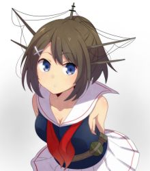 Rule 34 | 10s, 1girl, alternate costume, alternate hairstyle, bad id, bad pixiv id, blue eyes, breasts, brown hair, cleavage, hair ornament, kantai collection, leaning forward, looking at viewer, maya (kancolle), parted lips, pleated skirt, ponytail, school uniform, serafuku, skirt, solo, yukichi (eikichi)