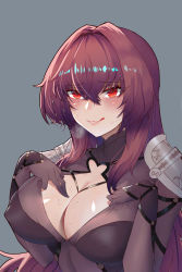 1girl absurdres armor blush bodysuit breasts cleavage covered_erect_nipples fate/grand_order fate_(series) hair_intakes highres kongbai_huanxiang large_breasts leotard long_hair looking_at_viewer naughty_face pauldrons purple_bodysuit purple_hair purple_leotard red_eyes scathach_(fate) scathach_(fate) shoulder_armor solo sweat tongue tongue_out torn_clothes