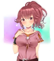 Rule 34 | 1girl, absurdres, anna (fire emblem), arm up, belt, bracelet, breasts, fire emblem, hand on own chest, heart, highres, jewelry, large breasts, looking at viewer, nintendo, pink shirt, ponytail, red eyes, red hair, shirt, simple background, solo, upper body, xxalisa