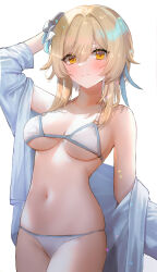 Rule 34 | 1girl, arm up, bare shoulders, bikini, blonde hair, breasts, closed mouth, cowboy shot, flower, genshin impact, hair flower, hair ornament, halterneck, hanato (seonoaiko), highres, jacket, looking at viewer, lumine (genshin impact), medium breasts, navel, off shoulder, open clothes, open jacket, short hair with long locks, skindentation, solo, standing, stomach, swimsuit, white bikini, white jacket, yellow eyes
