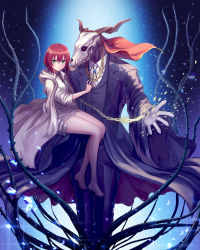 Rule 34 | 1boy, 1girl, barefoot, blush, chain, closed mouth, elias ainsworth, gloves, green eyes, hatori chise, highres, holding, holding person, long sleeves, looking at viewer, mahou tsukai no yome, red hair, seungju lee, short hair, white gloves