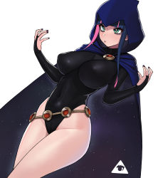 Rule 34 | 1girl, aqua eyes, blunt bangs, breasts, cape, cleavage, cosplay, dc comics, donburi (donburikazoku), highres, large breasts, legs together, leotard, lipstick, long hair, makeup, multicolored hair, panty &amp; stocking with garterbelt, pink hair, purple hair, raven (dc), raven (dc) (cosplay), simple background, sleeved leotard, solo, standing, stocking (psg), teen titans, thighs, very long hair, white background, wide hips