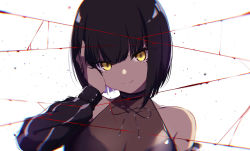 Rule 34 | 1girl, bad id, bad pixiv id, bare shoulders, blood, bob cut, breasts, cleavage, closed mouth, commentary request, dark-skinned female, dark skin, dripping, female focus, hand up, highres, long sleeves, looking at viewer, original, quibi-chan, revision, smile, solo, spider apple, string, tan, upper body, white background, yellow eyes