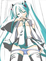 Rule 34 | 1girl, aqua hair, breasts, hatsune miku, long hair, open clothes, open shirt, panties, panty pull, ribi, shirt, solo, thighhighs, twintails, underboob, underwear, very long hair, vocaloid