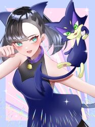 Rule 34 | 1girl, :d, alternate costume, asymmetrical bangs, bare arms, black hair, blush, clenched hand, collar, commentary request, creatures (company), dress, earrings, eyelashes, game freak, gen 5 pokemon, green eyes, hand up, happy, highres, jewelry, kamicho musharu, marnie (pokemon), nintendo, open mouth, paw pose, pokemon, pokemon (creature), pokemon ears, pokemon swsh, purple collar, purrloin, sleeveless, sleeveless dress, smile, sparkle, twintails, twitter username, watermark