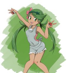 Rule 34 | 1girl, :d, armpits, bad id, bad pixiv id, bare arms, bare shoulders, breasts, collarbone, covered navel, cowboy shot, creatures (company), dark-skinned female, dark skin, flower, game freak, green eyes, green hair, green hairband, hair flower, hair ornament, hairband, hino (nanasamib), holding, holding poke ball, knees together feet apart, long hair, looking at viewer, mallow (pokemon), nintendo, open mouth, overalls, pink shirt, pocket, poke ball, poke ball (basic), pokemon, shirt, sleeveless, sleeveless shirt, small breasts, smile, solo, standing, strapless, swept bangs, trial captain, tube top, twintails, two-tone background