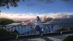 Rule 34 | 1girl, anyotete, arms behind back, bag, balcony, black hair, black legwear, blue skirt, blue sky, brown eyes, brown footwear, building, bush, city, cityscape, closed mouth, cloud, door, evening, hair ornament, hairclip, hand on railing, highres, holding, holding bag, house, leaf, loafers, looking at viewer, making-of available, medium hair, mountain, mountainous horizon, original, pavement, power lines, railing, sailor collar, scenery, school bag, school uniform, serafuku, shirt, shoes, short sleeves, sidelocks, skirt, sky, smile, standing, summer, sunset, tree, twilight, white shirt, window