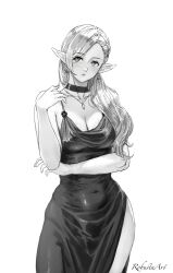 Rule 34 | 1girl, alternate costume, alternate hairstyle, artist name, breasts, choker, cleavage, closed mouth, commentary, contrapposto, covered navel, cowboy shot, dress, dungeon meshi, earrings, elf, english commentary, expressionless, green eyes, greyscale, hair over shoulder, twirling hair, hand up, highres, jewelry, long hair, looking at viewer, marcille donato, medium breasts, monochrome, necklace, pointy ears, robusta mania, side slit, simple background, sleeveless, sleeveless dress, spot color, standing