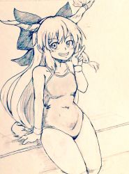 Rule 34 | 1girl, alternate costume, arm support, bare legs, bow, breasts, collarbone, commentary request, covered navel, d-m (dii emu), eyelashes, greyscale, grin, hair bow, horns, ibuki suika, long hair, looking at viewer, monochrome, one-piece swimsuit, oni horns, open mouth, sitting, sketch, smile, swimsuit, touhou, traditional media, v, very long hair