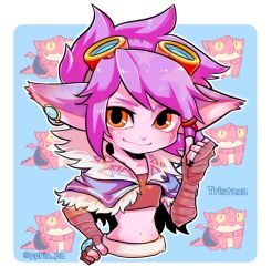 Rule 34 | 1girl, alternate costume, colored skin, dragon, dragon tamer tristana, dragon trainer tristana, ear piercing, goggles, goggles on head, league of legends, midriff, navel, orange eyes, otani (kota12ro08), piercing, pink hair, pink skin, pointy ears, riggle, solo, transparent background, tristana