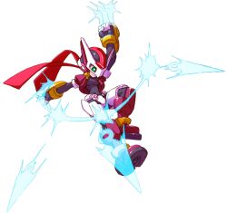 Rule 34 | 1girl, absurdres, aile (mega man zx), archived source, armor, black bodysuit, bodysuit, boots, claw (weapon), claws, cropped jacket, crotch plate, energy blade, forehead jewel, green eyes, helmet, highres, jacket, kunai, mega man (series), mega man zx, model px (mega man), ninja, official art, power armor, purple armor, purple footwear, purple helmet, purple jacket, simple background, solo, weapon, white background, yabe makoto