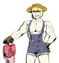 Rule 34 | 1boy, bad id, bad twitter id, blonde hair, brown gloves, chainsaw, cowboy shot, fate/grand order, fate (series), gloves, grin, hand on own hip, hat, male focus, muscular, overall shorts, overalls, paul bunyan (third ascension) (fate), pectorals, riyo servant (berserker) cosplay, sakata kintoki (fate), smile, solo, straw hat, sun hat, sunglasses