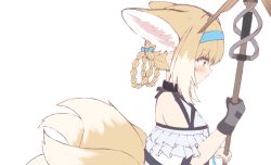 Rule 34 | 1girl, animal ears, arknights, bad id, bad pixiv id, bare shoulders, black gloves, blue hairband, blush, braid, chrocatz, dress, extra ears, fox ears, fox tail, from side, gloves, green eyes, hairband, highres, kitsune, looking down, multiple tails, profile, short hair, sidelocks, simple background, single glove, solo, suzuran (arknights), tail, upper body, white background, white dress