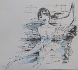 Rule 34 | 1girl, bathing, black hair, from above, gagaimo, highres, open mouth, partially submerged, pool, sitting, solo, water