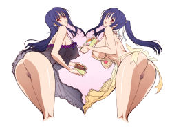 Rule 34 | 2girls, alternate hairstyle, apron, ass, bare shoulders, bent over, bento, blue hair, blush, breasts, camisole, cropped legs, dual persona, feet out of frame, food, from behind, functionally nude, hair ribbon, heart, highres, large breasts, leaning, leaning forward, legs together, lingerie, long hair, looking at viewer, looking back, multiple girls, naked apron, negligee, nipples, ookura miyako, open mouth, original, ponytail, pubic hair, purple hair, pussy, q azieru, red eyes, ribbon, see-through, sideboob, simple background, smile, standing, tokimeki memorial, tokimeki memorial 4, uncensored, underwear, white background, yellow apron