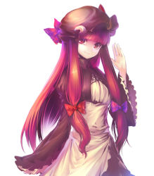 Rule 34 | 1girl, alternate color, alternate costume, alternate hair color, apron, bow, capelet, crescent, dress, female focus, hair bow, hat, long hair, moon, patchouli knowledge, purple eyes, purple hair, robe, simple background, smile, solo, touhou, waving, wide sleeves, yandywu