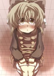 Rule 34 | 1girl, blush, brown eyes, brown hair, commentary request, dress, female focus, gaoo (frpjx283), highres, kurodani yamame, looking at viewer, ribbon, short hair, sitting, solo, toilet, toilet use, touhou, underwear
