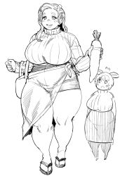 Rule 34 | 1girl, blush, breasts, carrot, curvy, daikon, full body, greyscale, highres, holding, huge breasts, long hair, looking at viewer, monochrome, radish, sandals, shortstack, simple background, size difference, synecdoche, thick thighs, thighs, wide hips