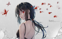 Rule 34 | 1girl, animal, backless dress, backless outfit, bare shoulders, black dress, black hair, bug, butterfly, commentary request, crack, cracked wall, dress, english text, hair between eyes, insect, ji dao ji, long hair, looking at viewer, looking back, low twintails, original, parted lips, red eyes, sleeveless, sleeveless dress, solo, twintails, upper body