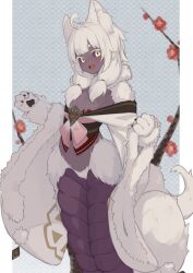 1girl :d ahoge animal_ear_fluff animal_ears animal_hands bell_orgel black_sclera blunt_bangs blush branch bunyip_(monster_girl_encyclopedia) claws colored_sclera commentary dark-skinned_female dark_skin fang flat_chest flower fluffy fur-trimmed_sleeves fur_trim hair_censor hair_over_breasts hair_over_shoulder highres lamia long_hair looking_at_viewer monster_girl monster_girl_encyclopedia off_shoulder open_mouth skin_fang smile solo very_dark_skin white_fur white_hair wide_sleeves yellow_eyes