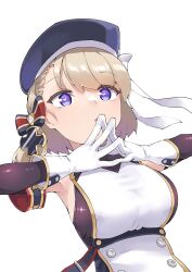 Rule 34 | 1girl, absurdres, azur lane, bare shoulders, beret, blonde hair, blue eyes, blue hat, blush, bow, breasts, buttons, commentary request, cross, detached sleeves, double-breasted, dress, from below, gloves, hair bow, hair over one eye, hair ribbon, hands up, hat, heart, heart-shaped pupils, highres, iron cross, looking at viewer, medium breasts, medium hair, open mouth, ribbon, simple background, solo, staring, symbol-shaped pupils, take yaki, upper body, white background, white gloves, white ribbon, z23 (azur lane)