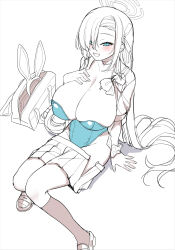 Rule 34 | 1girl, akitokage, animal ears, asuna (blue archive), asuna (bunny) (blue archive), bag, bare shoulders, blue archive, blue eyes, blue leotard, blue ribbon, blush, breasts, cleavage, collarbone, detached collar, elbow gloves, fake animal ears, gloves, grin, hair over one eye, hair ribbon, highleg, highleg leotard, highres, large breasts, leotard, leotard under clothes, long hair, looking at viewer, mole, mole on breast, open clothes, open shirt, playboy bunny, rabbit ears, ribbon, school bag, sitting, skirt, smile, solo, spot color, thighs, very long hair