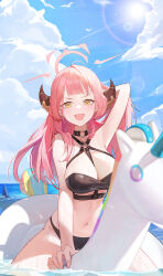 Rule 34 | 1girl, :d, arm up, aru (blue archive), bikini, black bikini, black choker, blue archive, blue sky, breasts, choker, cloud, day, halo, highres, horns, inflatable raft, large breasts, navel, o-ring, o-ring bikini, o-ring choker, ocean, open mouth, outdoors, riding, shark, shark fin, sky, smile, solo, sugarhigh, swimsuit, v-shaped eyebrows, water