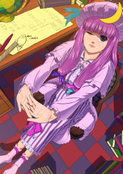 Rule 34 | 1girl, bad id, bad pixiv id, book, bow, breasts, chair, checkered floor, crescent, female focus, floor, globe, hair bow, hair ribbon, hat, long hair, manabu adachi, one eye closed, patchouli knowledge, pen, purple eyes, purple hair, ribbon, rocket, ruler, shirt, sitting, smile, solo, stretching, taut clothes, taut shirt, touhou, wink