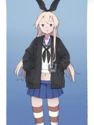Rule 34 | 1girl, :o, anchor hair ornament, black eyes, black jacket, black neckerchief, blonde hair, blue sailor collar, blue skirt, crop top, hair ornament, hairband, hands in pockets, jacket, kantai collection, kokko (014kko), long hair, long sleeves, midriff, navel, neckerchief, open mouth, sailor collar, school uniform, serafuku, shimakaze (kancolle), simple background, skirt, solo, striped clothes, striped thighhighs, thighhighs, two-tone background