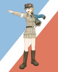 Rule 34 | 10s, 1girl, artist request, asparagus (girls und panzer), bad id, bad pixiv id, blonde hair, blue eyes, boots, emblem, girls und panzer, girls und panzer ribbon no musha, haashi, hat, highres, jacket, jacket over shoulder, knee boots, military, military hat, military uniform, open mouth, pointing, short hair, solo, uniform, unworn jacket