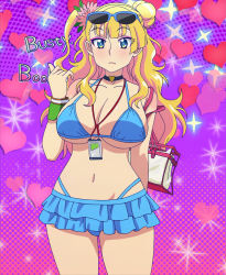Rule 34 | 1girl, bare shoulders, bikini, blonde hair, blue eyes, blush, bra, breasts, choker, cleavage, curvy, female focus, galko, hair ornament, heart, highres, large breasts, long hair, looking at viewer, navel, oshiete! galko-chan, panties, screencap, solo, standing, stitched, swimsuit, third-party edit, underwear, wide hips