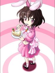 Rule 34 | 1girl, animal ears, bow, brown hair, rabbit ears, cake, eating, female focus, food, foreshortening, from above, full body, inaba tewi, mary janes, north abyssor, pastry, pink eyes, ribbon, shoes, short hair, solo, standing, touhou, white background