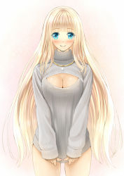 Rule 34 | 1girl, bad id, blonde hair, blue eyes, breasts, cleavage, cleavage cutout, clothing cutout, cowboy shot, itoguchi (manma melon), jewelry, large breasts, long hair, looking at viewer, meme attire, naked sweater, necklace, open-chest sweater, original, pendant, ribbed sweater, smile, solo, sweater, turtleneck, v arms, very long hair