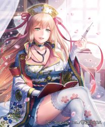 Rule 34 | 1girl, blonde hair, blue choker, blue skirt, book, breasts, choker, cleavage, crossed legs, day, esukee, floral print, green eyes, hair ribbon, hair tubes, hat, indoors, large breasts, long hair, looking at viewer, mole, mole under mouth, official art, on bed, open book, parted lips, petals, pillow, pink ribbon, ribbon, safety pin, sengoku saga, sidelocks, sitting, skirt, solo, stethoscope, sunlight, syringe, very long hair, white hat, white legwear, wide sleeves, window