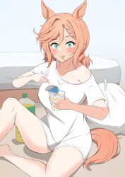 Rule 34 | 1girl, absurdres, animal ears, armpit crease, barefoot, blue eyes, blush, braid, brown hair, closed mouth, commentary request, food, food in mouth, hair between eyes, highres, himuraanzu, horse ears, horse girl, horse tail, looking at viewer, medium hair, nissin cup noodle, noodles, on floor, ponytail, ramen, shirt, short sleeves, simple background, single braid, solo, tail, textless version, umamusume, venus paques (umamusume), white background, white shirt, wooden floor