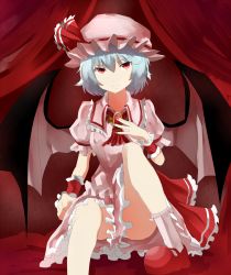 Rule 34 | 1girl, bad id, bad pixiv id, brooch, dress, frills, hat, highres, hizagawa rau, jewelry, mary janes, mob cap, remilia scarlet, shoes, short hair, sitting, solo, touhou, vampire, wings