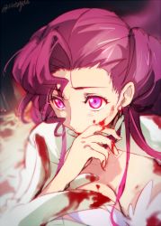 Rule 34 | 1girl, blood, blood on clothes, blood on face, breasts, cleavage, code geass, covering own mouth, creayus, earrings, euphemia li britannia, geass, hand over own mouth, jewelry, large breasts, long hair, pink eyes, purple hair, signature, solo, spoilers, upper body