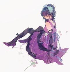 Rule 34 | 1girl, aqua flower, aqua rose, asahina mafuyu, back bow, backless dress, backless outfit, black pantyhose, blue bow, blue hair, blue ribbon, bow, closed mouth, dark blue hair, dress, elbow gloves, flower, from side, gem, genzaw, gloves, grey background, hair bow, hair flower, hair ornament, hair ribbon, high heels, high ponytail, layered dress, long hair, looking away, looking down, on ground, pantyhose, pearl (gemstone), project sekai, purple dress, purple footwear, purple gloves, purple hair, purple ribbon, purple theme, ribbon, rose, simple background, sitting, sleeveless, sleeveless dress, solo, wavy hair, wide ponytail