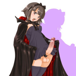 Rule 34 | 1girl, bar censor, blunt bangs, bow, brown hair, cape, censored, erection, fangs, futanari, hairband, no panties, open mouth, penis, pointless censoring, short hair, solo, testicles, thighhighs, transparent censoring, vampire, yozora